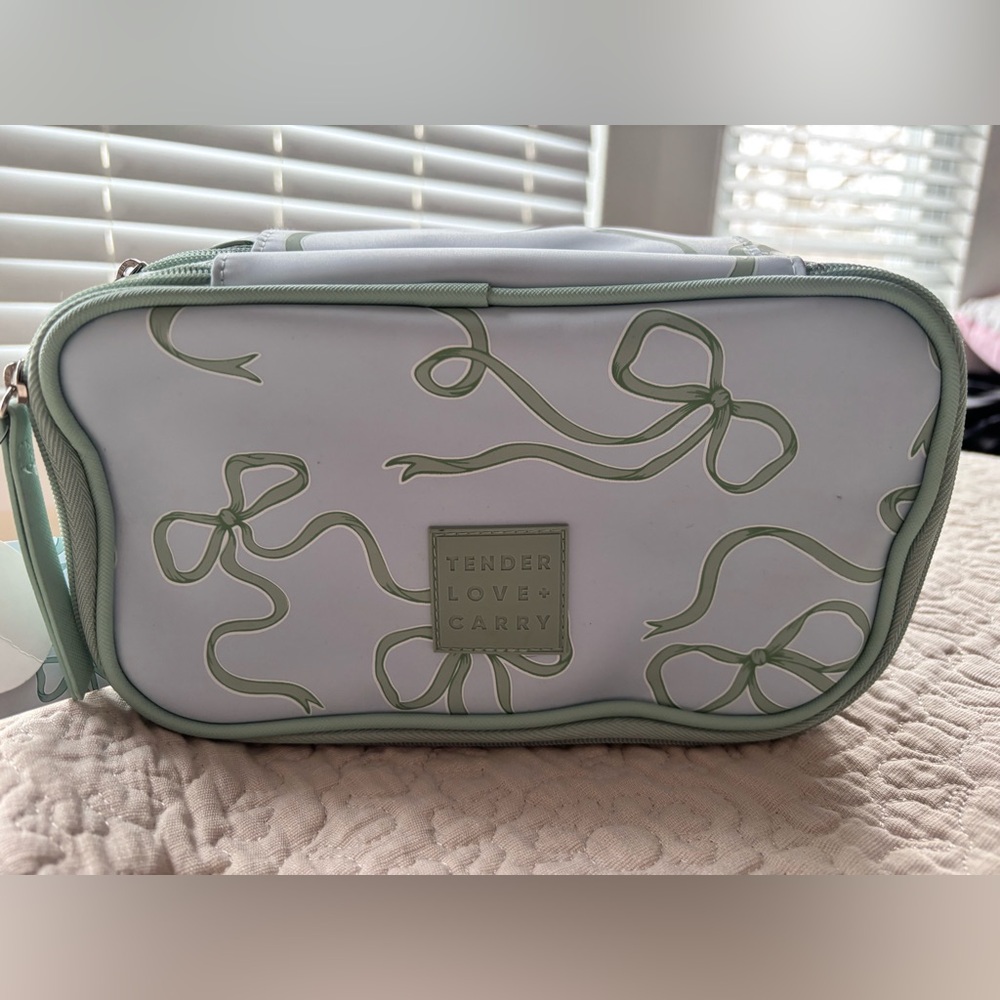 Tender Love + Carry Light Blue with Green Bow Cosmetic Bag NWT